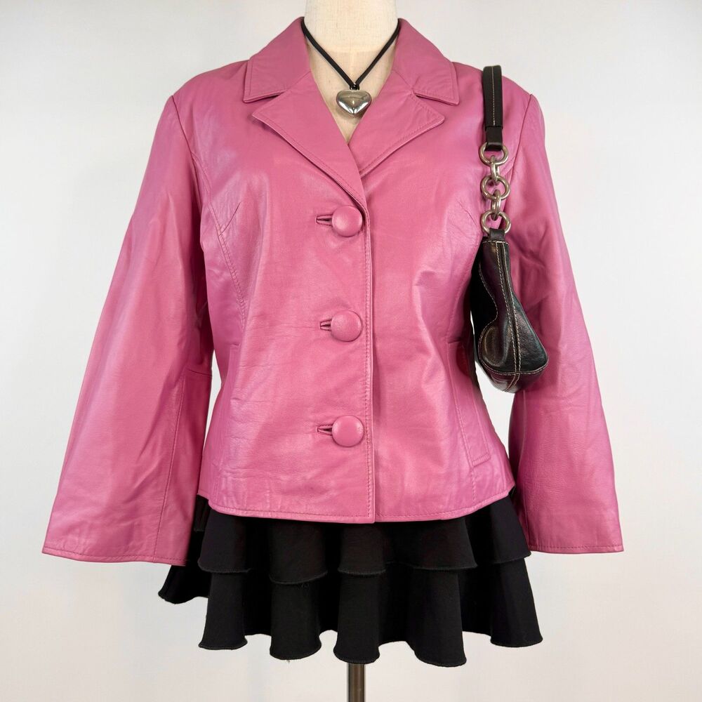 2000s Pink Leather Boxy Cropped Button Up Blazer Jacket Ballerina Y2K Size M/L